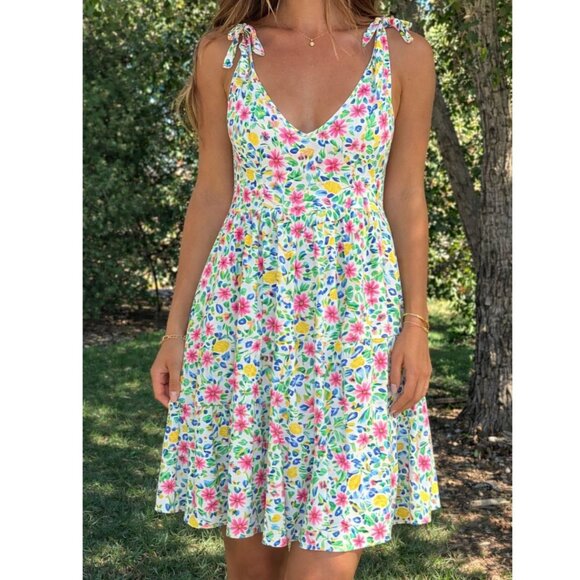French Grey Dresses & Skirts - French Grey Floral Shoulder Tie Sundress Medium NWOT | Lemon Floral Summer Dress